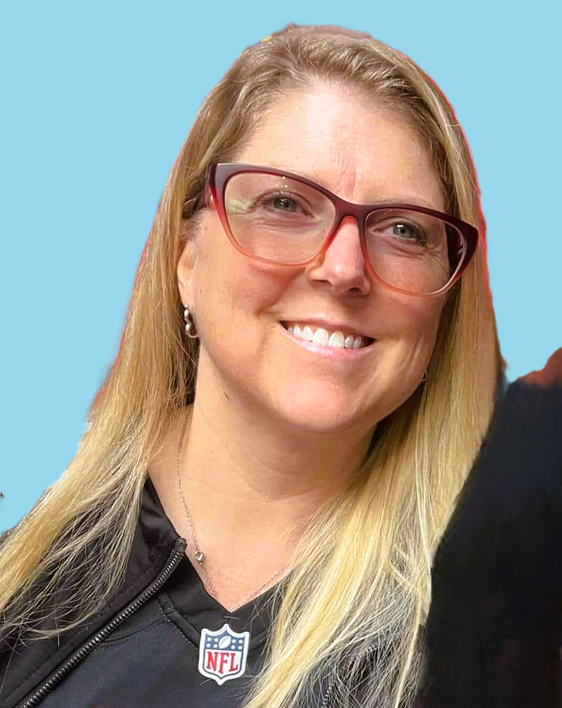 blonde woman with glasses smiling