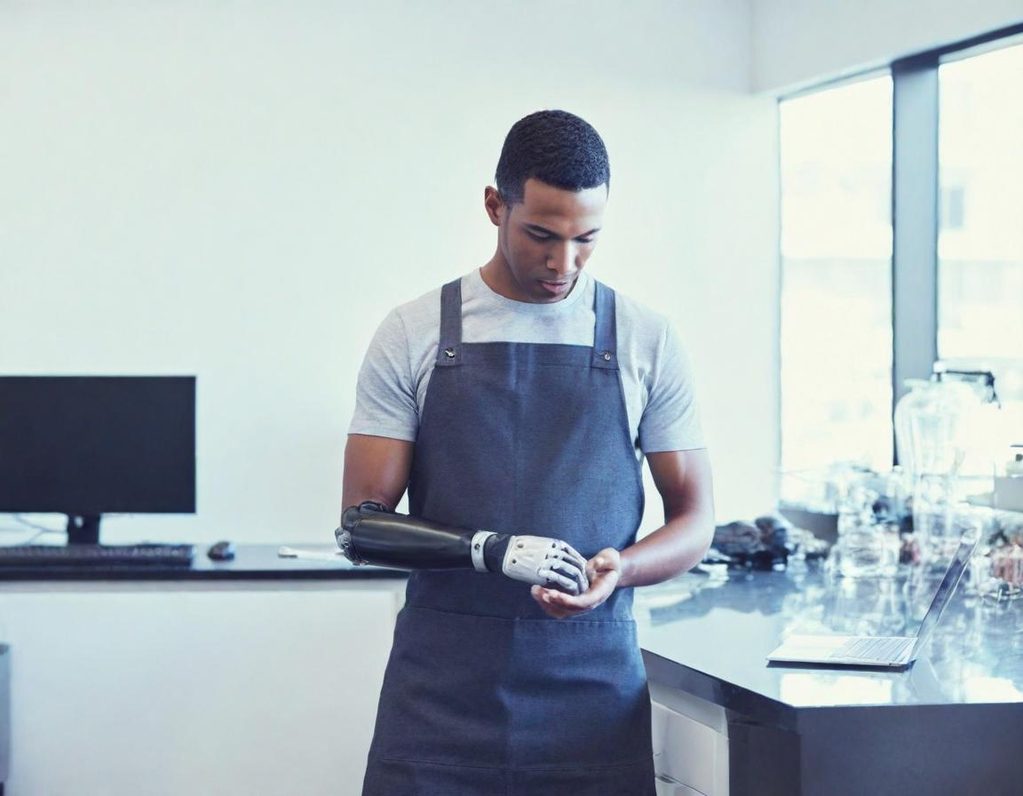 man working in a lab with a prosthetic arm