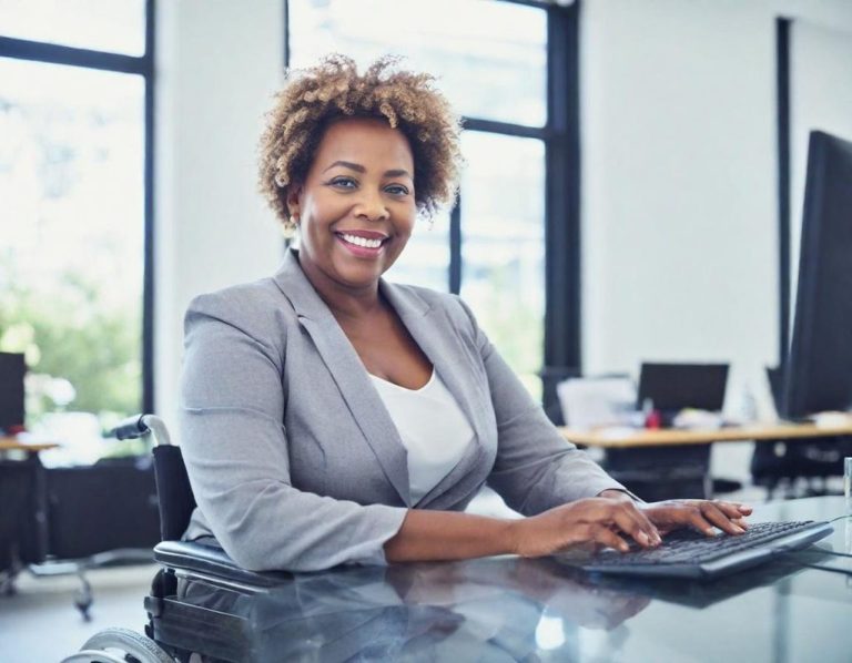 smiling woman typing on a keyboard
